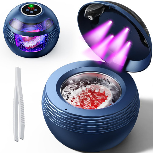 Ultrasonic Retainer Cleaner Machine - 200ML/45kHz Ultrasonic U-V Cleaner, Portable Ultrasonic Jewelry Cleaner, Retainer Cleaner Machine for Dentures, Retainer, Aligner, Braces, Mouth Guard - Blue