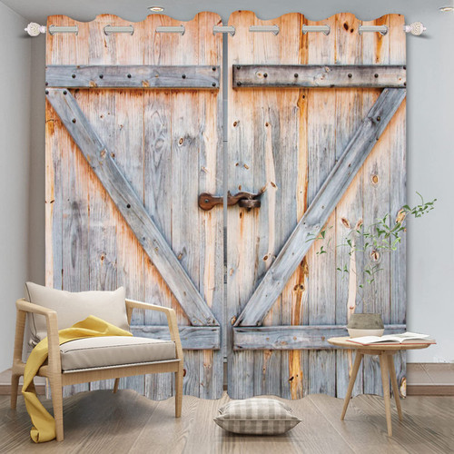 Closed Wooden Door Window Curtains Rustic Vintage Barn Door Kitchen Curtains Countryside Farmhouse Old Wood Planks Light Blocking Bedroom Drapery Treatments with Grommets,42x84 inch,2 Panels