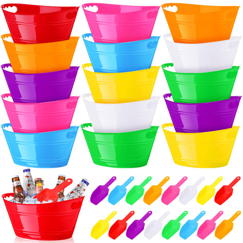 16 Packs Ice Buckets Bulk Plastic Oval Storage Tub with Handles Champagne Beverage Chiller Bucket with Ice Scoops for Cocktail Bar Party Wine Beer Bottle Cooler (Colorful)