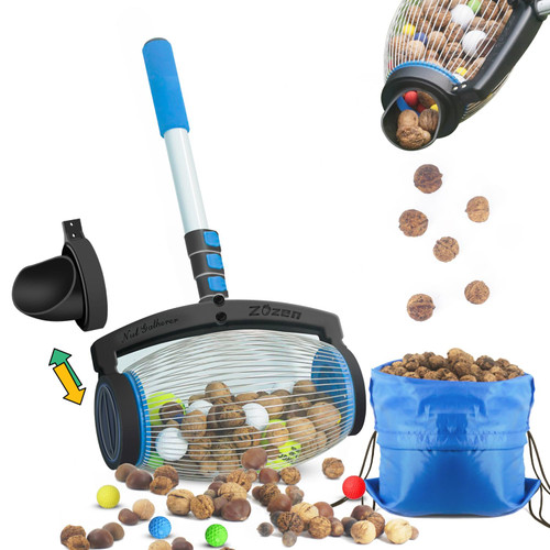 Zozen Nut Gatherer, 2 Dumping Method | Walnut Picker Upper Roller, Pine Cone Picker Upper - Apply to Pinecone, Hickory, Chestnuts, Buckeyes, Golf, Crab Apple Objects Size 1'' to 2.5''; 1.5 Gallon