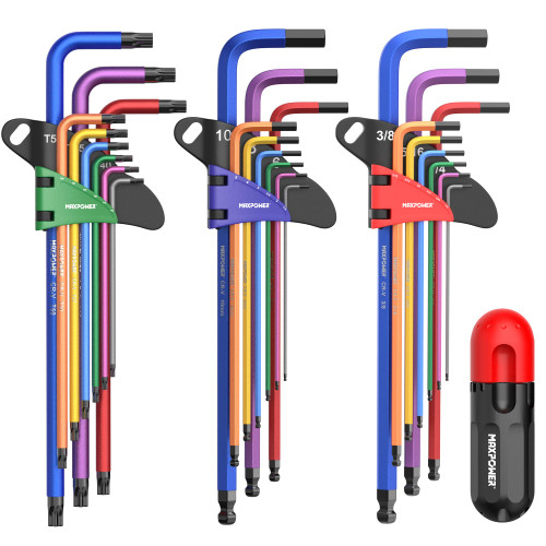 Allen Key Set, 27-Piece Allen Wrenches Set Includes SAE (1/6-3/8"), Metric (1.5-10mm), Torx (T10-T50), Extra Long Arm Ball & Torx End Hex Key Set with T-Handle