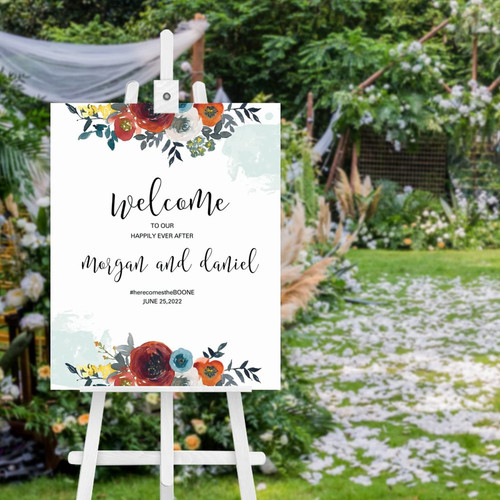 Orange Floral,Welcome to Our Happily Ever After Wedding Welcome Sign 16x20 Inch Rustic Wood Personalized Guestbook Custom Welcome Wedding Signage Reception Signs for Party Entrance Decor