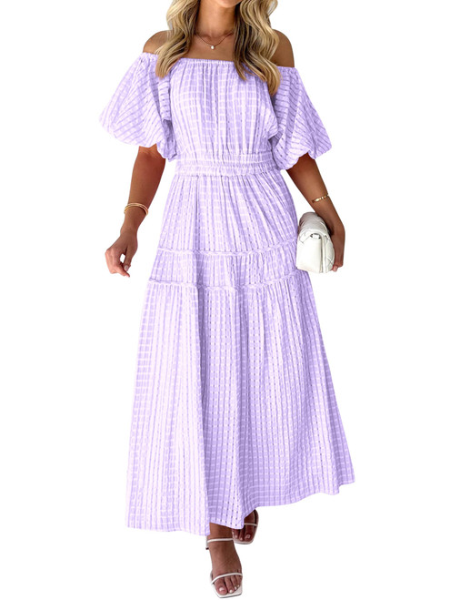 Spring Dresses for Women 2024 Off Shoulder Short Puff Sleeve Maxi Dress Flowy A Line Smocked Ruffle Midi Dresses(Purple,X-Large)