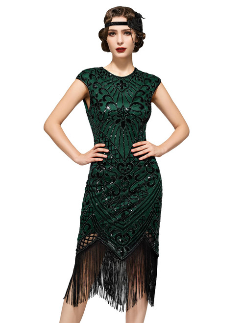 Women's 1920s Flapper Dresses Great Gatsby Dress Sequin Fringed Roaring 20s Cocktail Dress Green Small