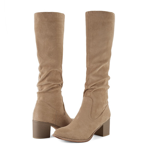 Womens Knee High Boots Chunky Heel Pointed Toe Suede Slouchy Boots with Side Zipper(6,Khaki)