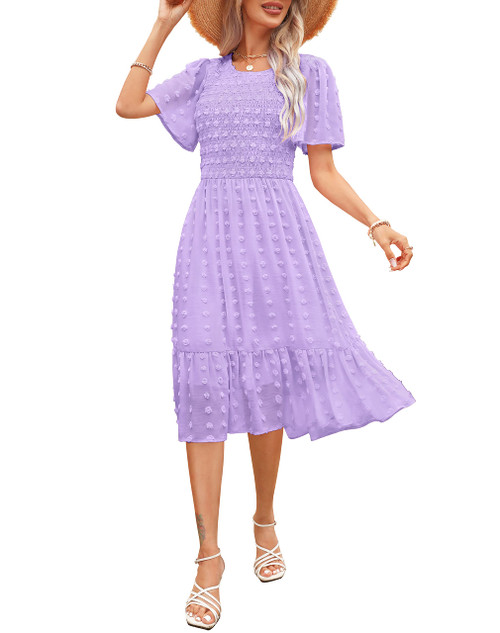 Women's Casual Dress 2023 Flutter Short Sleeve Summer Fall Modest Cute Swing Flowy Ruffle Chiffon Swiss Dot Smocked Midi Dress Solid Lavender L