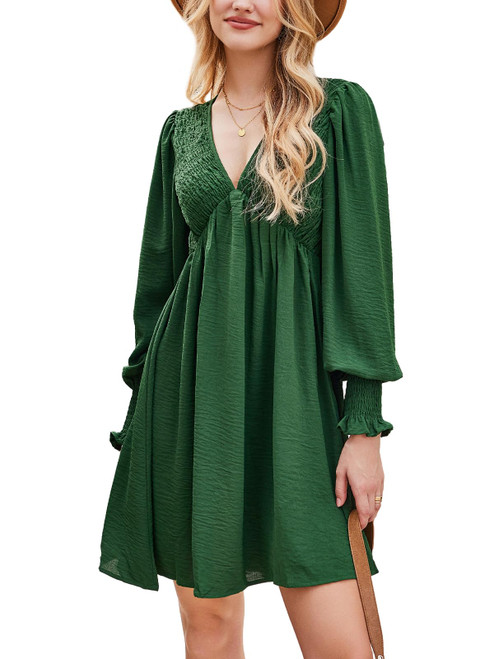 Women's Mini Dress Smocked V Neck Long Sleeve Empire Waist Casual A Line Green Dress