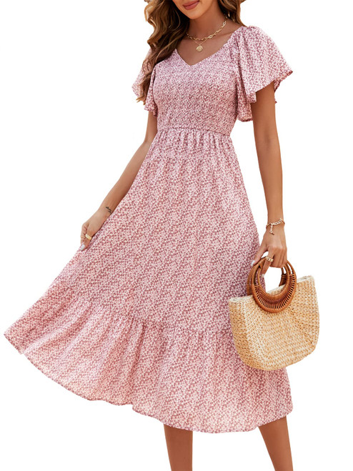 Women's Summer Boho Floral Print Short Flutter Sleeve V Neck Smocked Midi Dress A Line Flowy Dresses Pink M