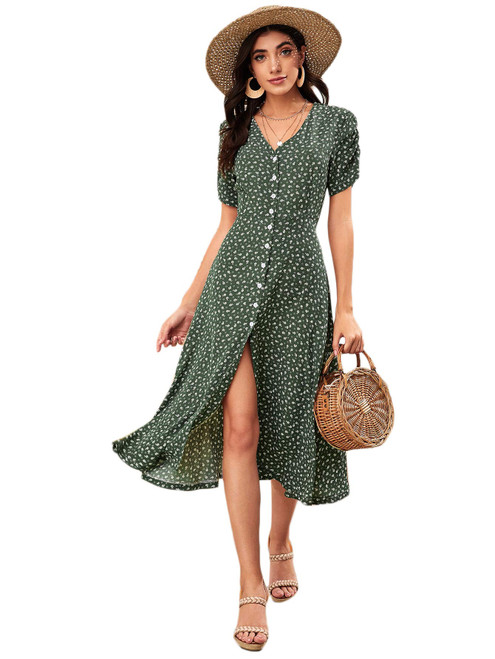 Women's Floral Print V Neck Button Front Short Sleeve Split A Line Midi Dress A Green M