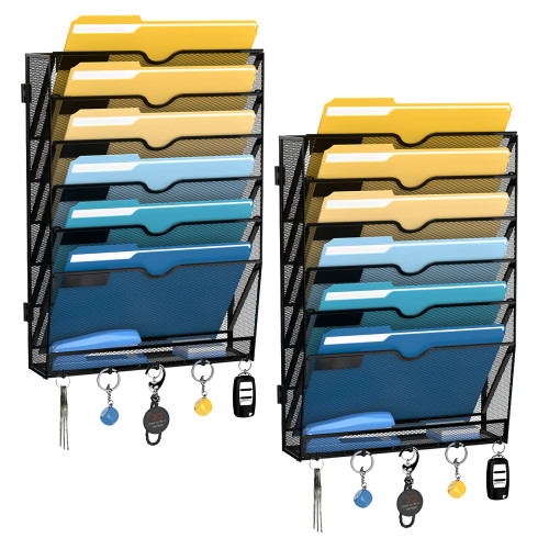 7-Tier Mesh Wall File Holder, Hanging Wall File Organizer, Office Organization for Papers, Mails, Folders, Files Clipboard Magazine Rack Assembly Needed,Black 2 Pack