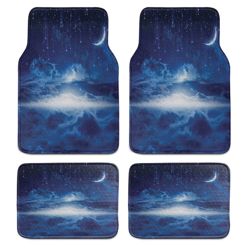 Fantasy Car Mat Set of 4, Night Sky with Moon Falling Stars Clouds Horizon Mysterious Space Art, Front & Back Seat Floor Mat Durable PVC Backing Car Accesory, Navy Blue and White