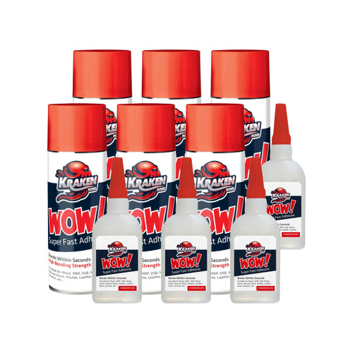 Kraken Bond WOW! CA Glue (6x1.75 oz.) with Spray Adhesive Activator (6x6.75 fl oz.) - Cyanoacrylate Glue, CA Glue with Activator, CA Glue for Woodworking, Crazy Glue, Craft Glue | Fast CA Glue | 6Pack