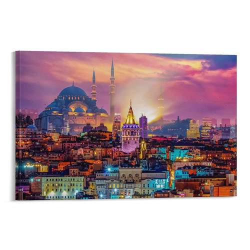 Istanbul Galata Tower And Suleymaniye Mosque Sunset Clouds Canvas Wall Art Istanbul Landscape Sunset 16x24inch(40x60cm) Frame-style