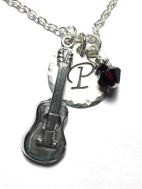 Guitar Hand Stamped Sterling Silver Initial Charm Necklace Guitar Hand Stamped Sterling Silver Initial Charm Necklace