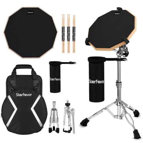 Drum Practice Pad with Snare Drum Stand Set, 12-Inch Double Sided Silent Practice Pad Kit with Drum Sticks, Drumstick Holder, Luminous Carrying Bag, Black (Fits 8''-15'' Drums)