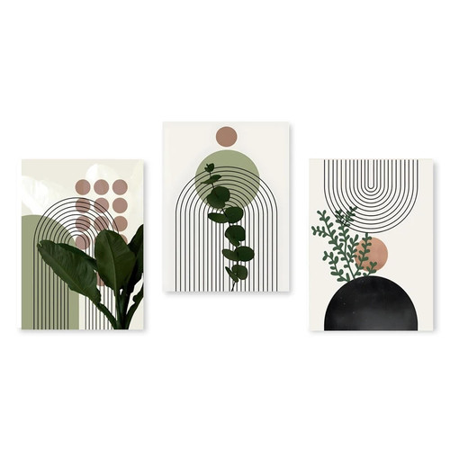 3 Pieces Modern Abstract Boho Poster Geometric Leaf Plant Sun Line Wall Art Canvas Painting Print Living Room Interior Decor 50x70cmx3 No Frame