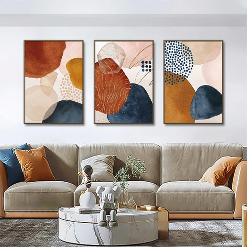 3 Pieces Abstract Geometric Line Texture Wall Art Poster Prints Pictures Orange Watercolor Boho Canvas Paintings Home Decor 50x70cmx3 No Frame