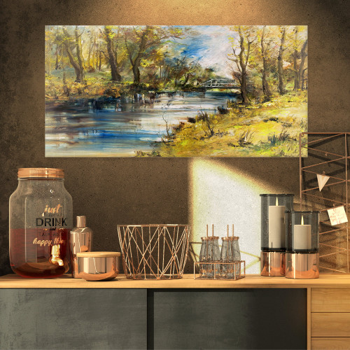 PT8520-32-16 Bridge Over River Oil Landscape Painting Canvas Print-32x16, 32x16, Yellow PT8520-32-16 Bridge Over River Oil Landscape Painting Canvas Print-32x16, 32x16, Yellow