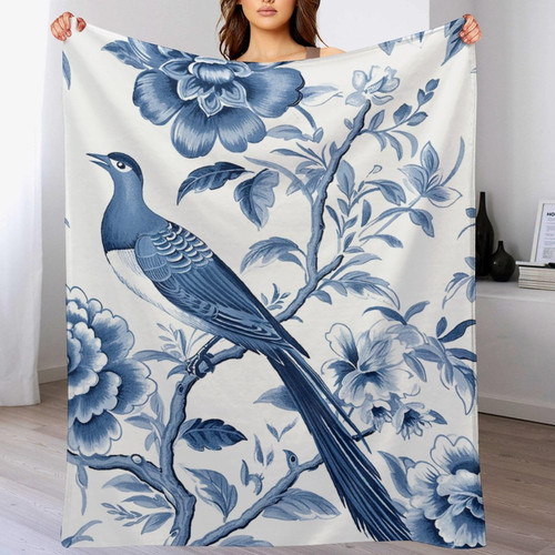 Traditional Chinoiserie Flannel Fleece Throw Blanket Blue Indigo Floral and Bird Throw Blankets Navy Blue Chinoiserie Peony Flower Warm Throw Blanket for Bed Sofa for All Seasons 60x80in Traditional Chinoiserie Flannel Fleece Throw Blanket Blue Indigo Floral and Bird Throw Blankets Navy Blue Chinoiserie Peony Flower Warm Throw Blanket for Bed Sofa for All Seasons 60x80in