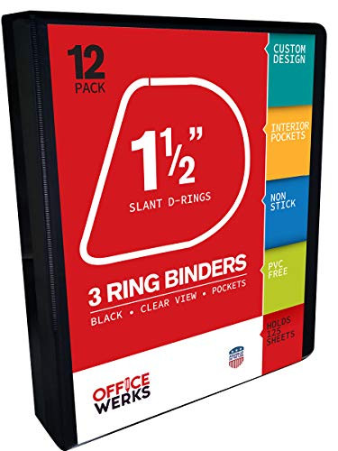 3 Ring Binders, 1.5 Inch Slant D-Rings, Black, Clear View, Pockets, 12 Pack
