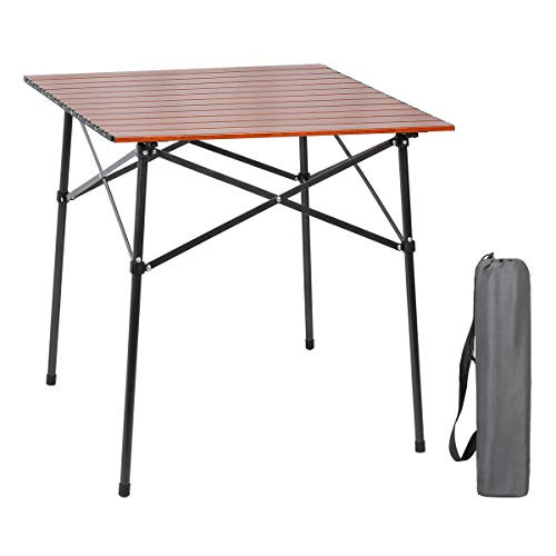 PORTAL Lightweight Aluminum Folding Square Table Roll Up Top 4 People Compact Table with Carry Bag for Camping, Picnic, Backyards, BBQ (Brown)