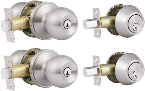 2 Pack Keyed Alike Entry Door Knobs and Single Cylinder Deadbolt Lock Combo Set Security for Entrance and Front Door with Classic Satin Nickel Finish