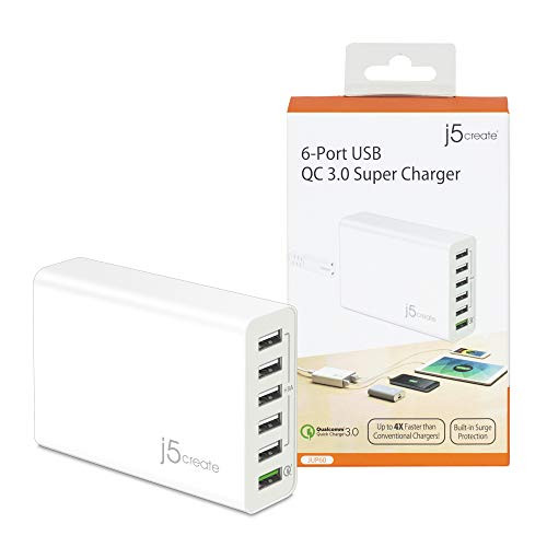 USB Hub Powered Wall Charger - by j5create | 6 Multi Port Charging Station for Multiple Devices | Quick Charge 3.0 USB Power Strip Desktop Charger Block Adapter for Office, Home or Travel