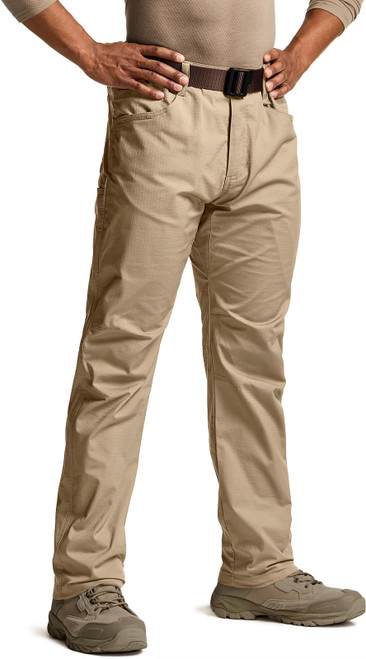 Men's Flex Stretch Tactical Pants, Water Resistant Ripstop Cargo Pants, Lightweight EDC Outdoor Work Hiking Pants, Tac-Stretch Khaki, 32W x 34L