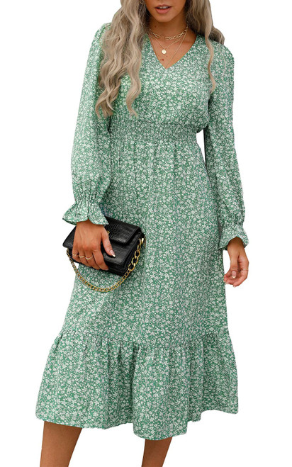 Long Sleeve Dress for Women, Pleated Maxi Dress V Neck Boho Floral Print Fall Long Dresses (Green, Large) Long Sleeve Dress for Women, Pleated Maxi Dress V Neck Boho Floral Print Fall Long Dresses (Green, Large)