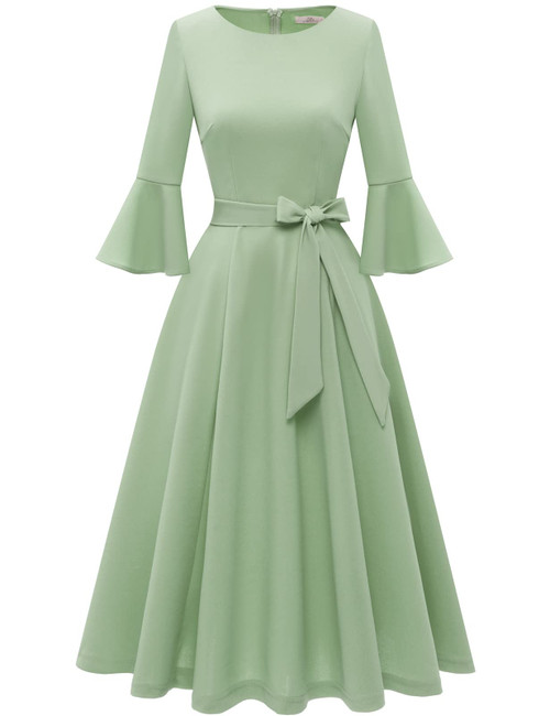 Sage Green Wedding Guest Dress Bell Sleeve Cocktail Dresses for Women Formal Dresses for Wedding Guest Vintage Midi Bridesmaid Dresses LightGreen 3XL