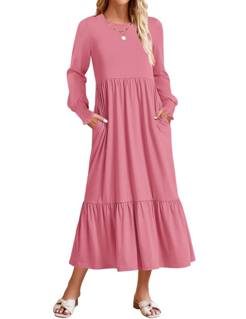 Women's 2024 Long Sleeve Dress Crewneck Casual Loose Pleated Tiered Swing Maxi Dresses with Pockets,Pink,Small