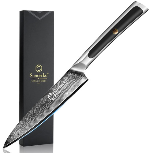 Paring Knife 5 Inch, Small Kitchen Knife with VG10 Damascus Steel Utility Knife with Solid Handle Fruit Knife Perfect for Cutting Fruit and Vegetables Peeling Knife with Gift Box Petty Knife