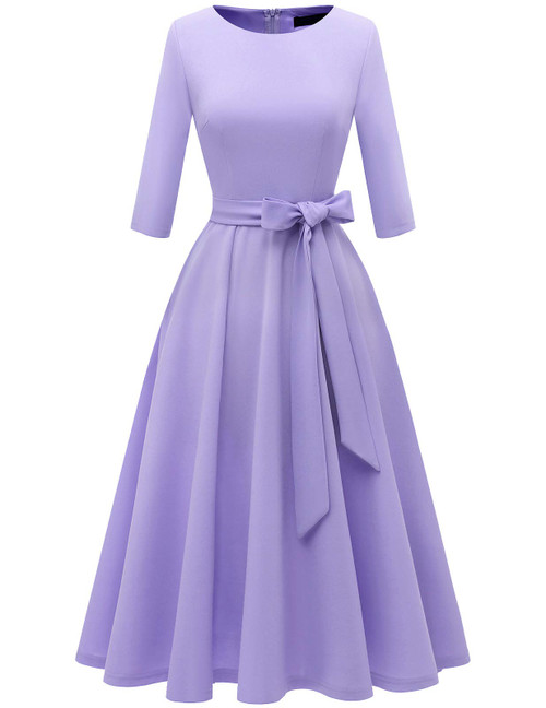 Vintage Tea Dress for Women, 1950s Cocktail Party Dresses, Modest Bridesmaid Dress for Wedding Guest, 3/4 Sleeve Formal Aline Church Dress, Fit Flare Prom Dress Lavender L
