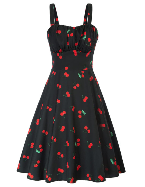 Women's Summer Floral Sun Dress Sleeveless A Line Flowy Swing Beach Dress 1950s Retro Vintage Dress Cherry M