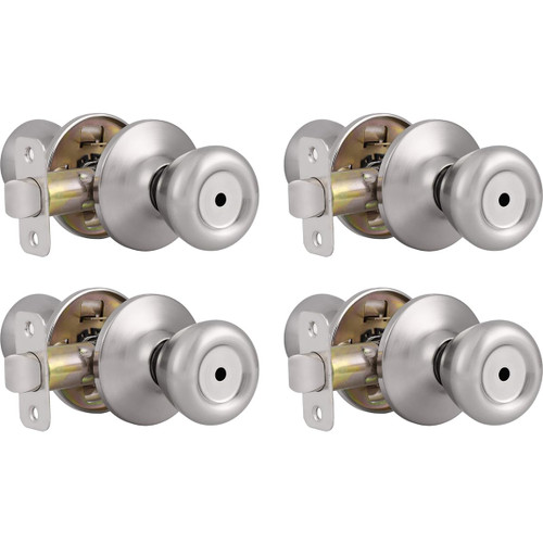 Privacy Door Knob, Keyless Satin Nickel Tulip Style Knobs with Lock, 4 Pack Interior Lock Set for Bedroom, Bathroom, Reversible for Right/Left Handed Door