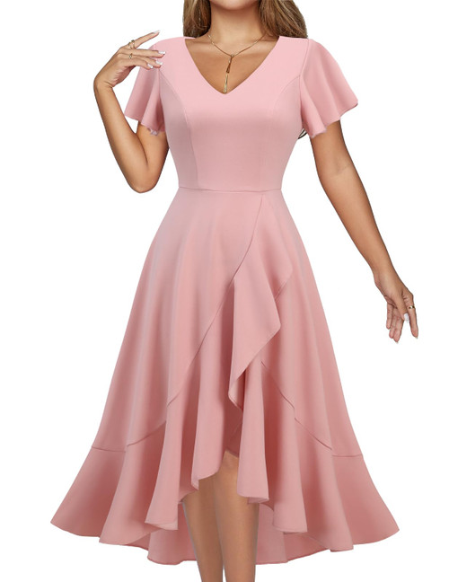 Women's Blush Pink Dresses Ruffle Formal Wedding Guest Bridesmaid Dress V Neck Tea Party Cocktail Evening Dresses Blush L