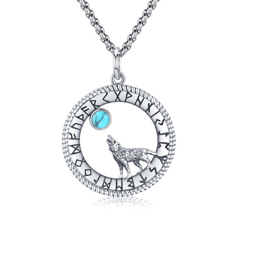 Wolf Necklace for Men Viking Howling Wolf Pendant Necklace 925 Sterling Silver Pendant Turquoise Viking Rune Jewelry for Birthday Anniversary