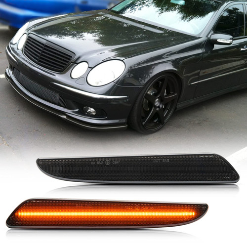 LED Side Marker Lights Compatible w/ 2007-2009 Mer'cedes Benz W211 E320 E350 E550 E63 AMG LCI Amber Front Bumper Turn Signal Lamp Assembly Smoked Lens