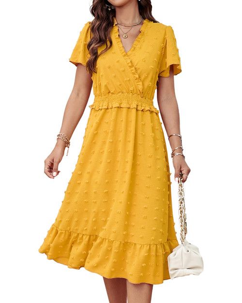 Women's Summer Elegant Short Sleeve V Neck Swiss Dot Midi Dresses Cute Boho High Waist Long Dresses A-Line Ruffle Dress?Solid Yellow,Large Women's Summer Elegant Short Sleeve V Neck Swiss Dot Midi Dresses Cute Boho High Waist Long Dresses A-Line Ruffle Dress?Solid Yellow,Large