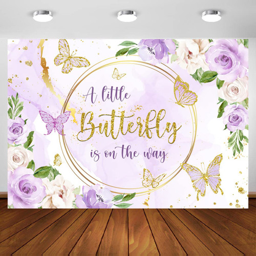 10x7ft Butterfly Baby Shower Backdrop A Little Butterfly is on The Way Photo Purple Floral Flowers Gold Spots Photography Background Princess Girl Party Decoration Banner Photo Booth 10x7ft Butterfly Baby Shower Backdrop A Little Butterfly is on The Way Photo Purple Floral Flowers Gold Spots Photography Background Princess Girl Party Decoration Banner Photo Booth