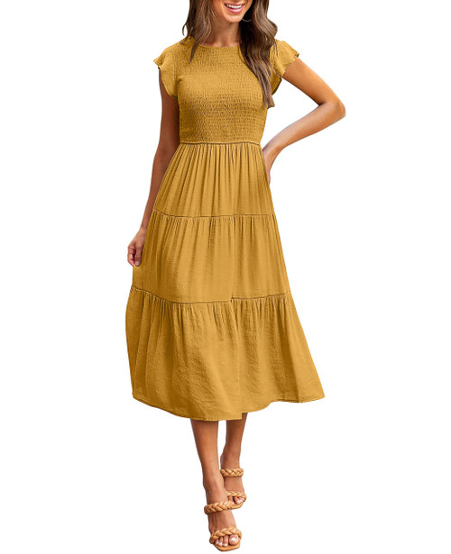 Womens Summer Flutter Sleeve Smocked Solid Color Boho Beach A-Line Tiered Long Dresses,Ginger,M