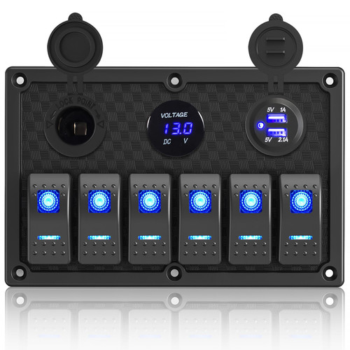 6 Gang Rocker Switch Panel, LED Digital Voltmeter with 3.1A Dual USB Charger, 12/24V Wired Toggle Switch Panel for Automotive Cars Marine Boats RVs