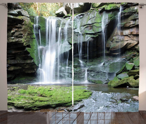 Waterfall Curtains, Rocky Waterfall to Pond Running Off Scenic Nature Themed Picture Print, Living Room Bedroom Window Drapes 2 Panel Set, 108" X 84", Green Brown