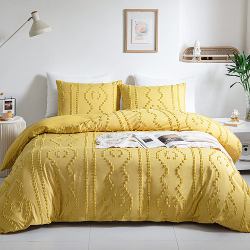 Boho Duvet Cover Set, Tufted Bedding Duvet Covers Soft Washed Microfiber Duvet Cover King Size, 3 Pieces Embroidery Shabby Chic Duvet Cover with Zipper Closure(Yellow, King)