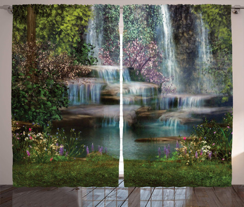 Waterfall Curtains, Waterfalls Flowers and Trees on a Landscape in Display, Living Room Bedroom Window Drapes 2 Panel Set, 108" X 84", Green Brown
