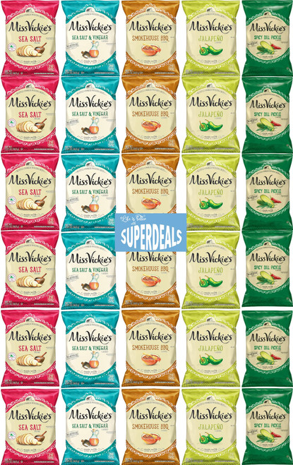 Kettle Cooked Potato Chips by Miss Vickie's Value Pack Bundled by | 1.375 Oz Bag | Supreme 5 Flavor Variety Pack includes 6 Sea Salt, 6 Sea Salt & Vinegar, 6 Smokehouse BBQ, 6 Jalapeno, 6 Spicy Dill Pickle | Pack of 30 with mystery bonus gift