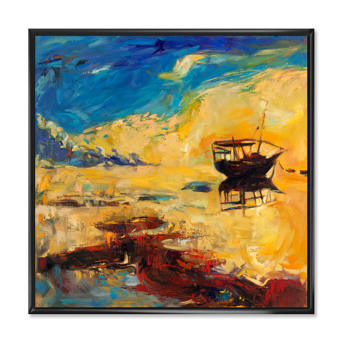 Boat At The Ocean Horizon During Sunset - Nautical & Coastal Framed Canvas Wall Art Print