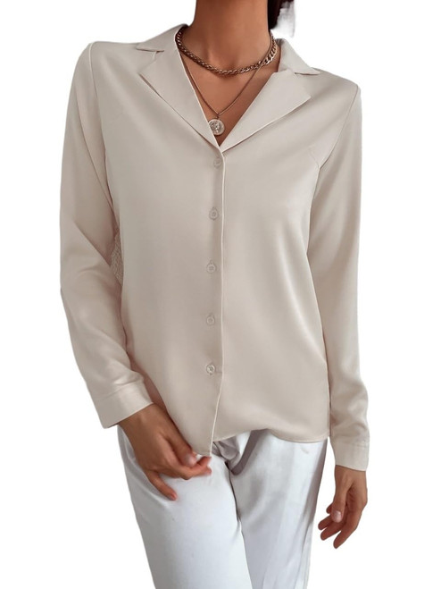 Long Sleeve Blouses for Women Fashion Solid Button Front Elegant Blouse Casual Trendy Shirts Beige