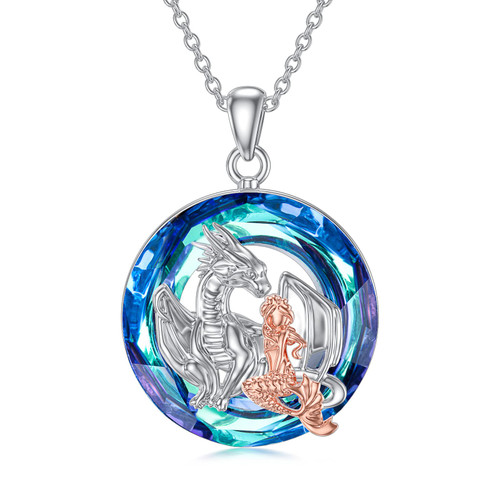 Mermaid and Dragon Necklace with Blue Circle Crystal 925 Sterling Silver Sea Mermaid Necklace Dragon Pendant Necklace Jewelry Gift for Women Girl