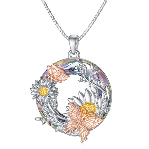Sunflower Necklace Sterling Silver Sunflower Butterfly Pendant With Crystal Sunflower Butterfly Jewelry Gifts For Women Girls Sunflower Necklace Sterling Silver Sunflower Butterfly Pendant With Crystal Sunflower Butterfly Jewelry Gifts For Women Girls